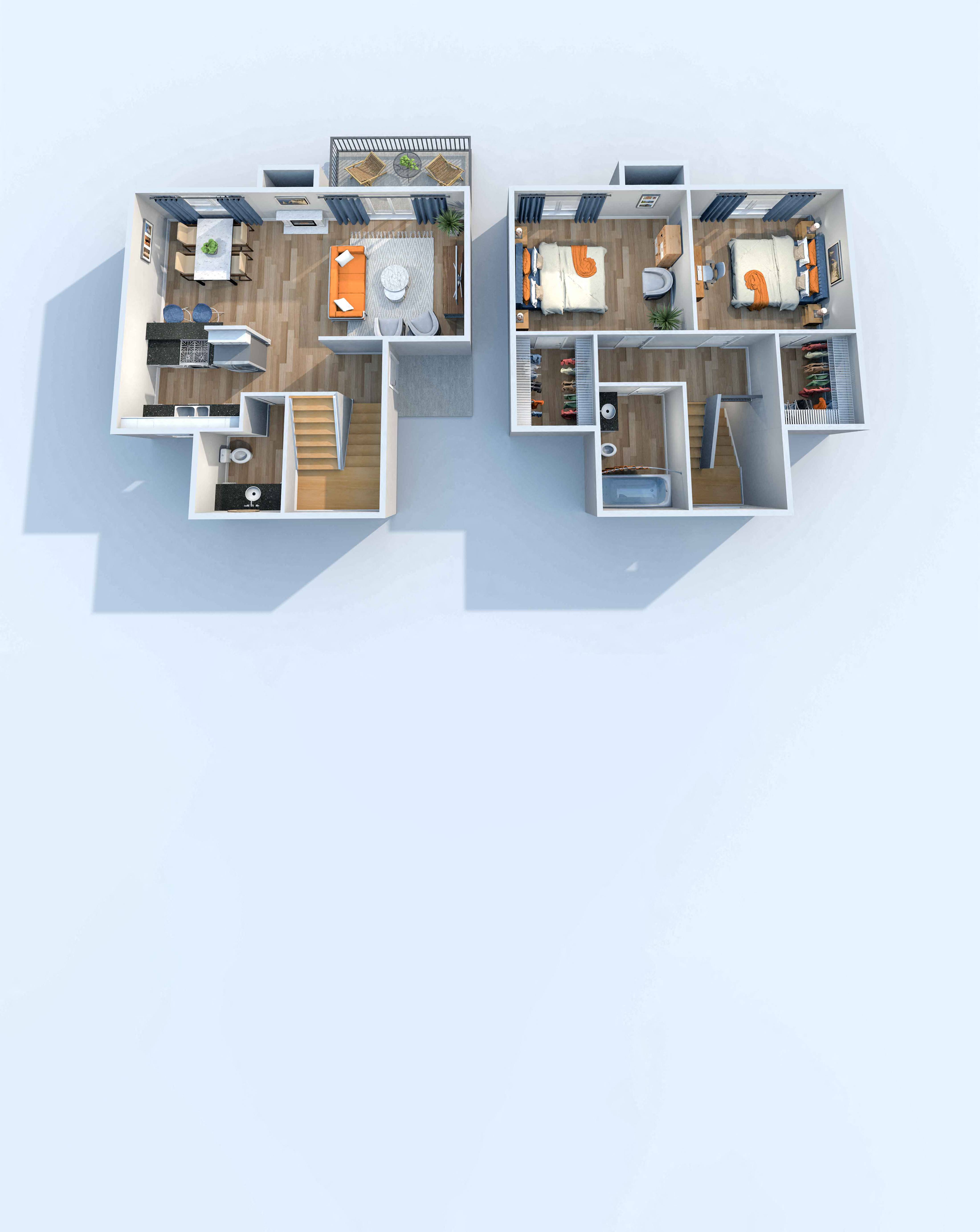 Floor plan for 2 beds, 1.5 baths, 1038 sqft